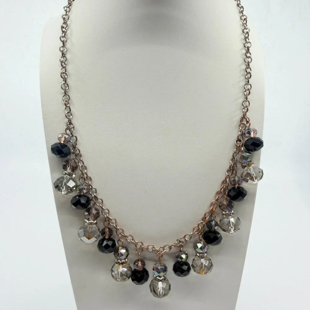 Vintage Silver Tone Black Clear Crystal Dangle Necklace Bib Fringe Statement 90s